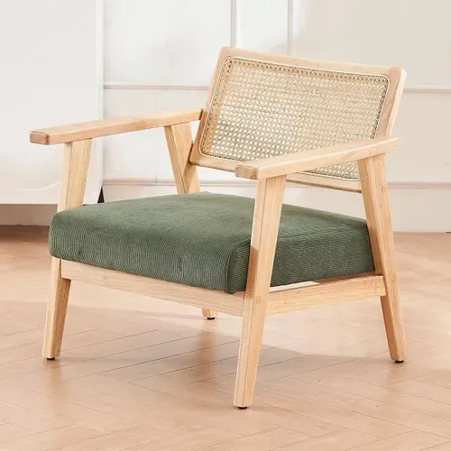 Fauteuil En Velours Côtelé Vert Et Cannage Naturel - Tim