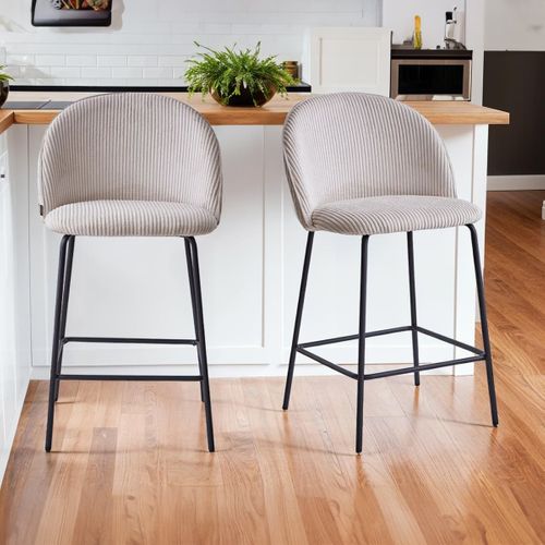 Lot De 2 Tabourets De Bar En Velours Côtelé Beige, Piètement Noir - Alta