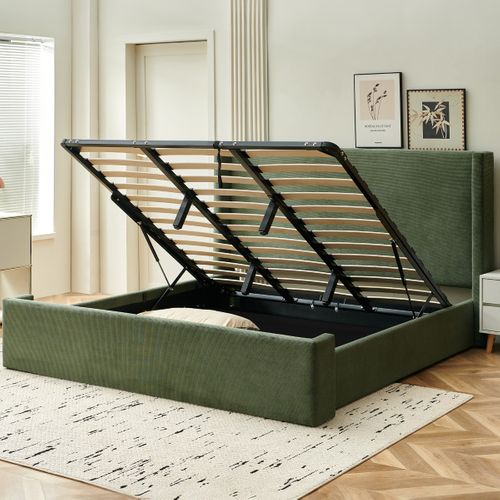 Lit Coffre Adulte 160x200 Cm Avec Tête De Lit Capitonnée En Velours Côtelé Vert Kaki - Elma