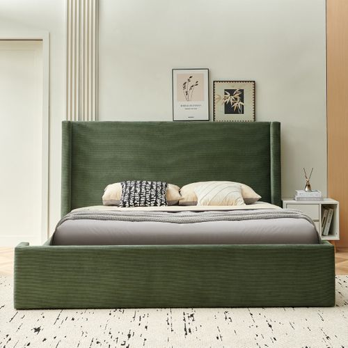 Lit Coffre Adulte 160x200 Cm Avec Tête De Lit Capitonnée En Velours Côtelé Vert Kaki - Elma