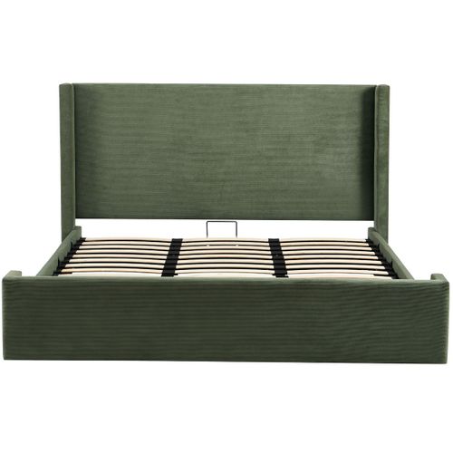 Lit Coffre Adulte 160x200 Cm Avec Tête De Lit Capitonnée En Velours Côtelé Vert Kaki - Elma