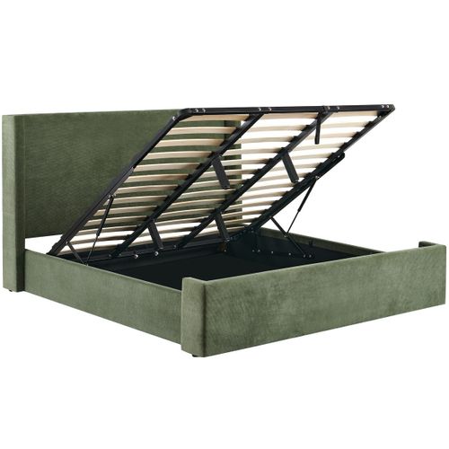 Lit Coffre Adulte 160x200 Cm Avec Tête De Lit Capitonnée En Velours Côtelé Vert Kaki - Elma