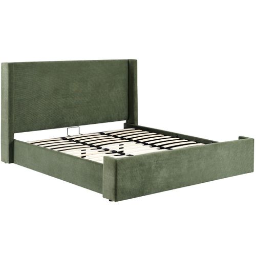 Lit Coffre Adulte 160x200 Cm Avec Tête De Lit Capitonnée En Velours Côtelé Vert Kaki - Elma