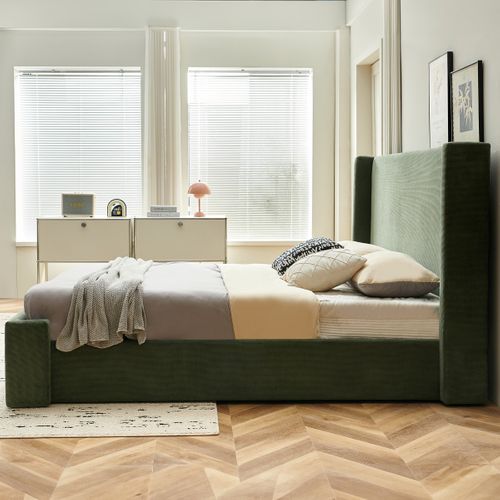 Lit Coffre Adulte 160x200 Cm Avec Tête De Lit Capitonnée En Velours Côtelé Vert Kaki - Elma