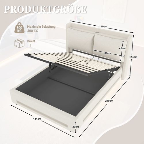 Lit Adulte 140×200cm LED-usb Tête De Lit épaisse Relevage Hydraulique Velours Beige