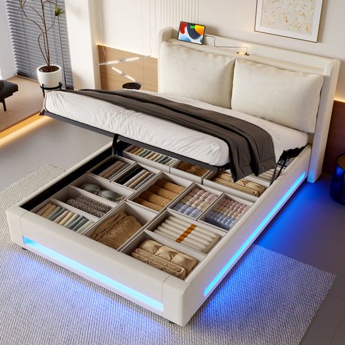 Lit Adulte 140×200cm LED-usb Tête De Lit épaisse Relevage Hydraulique Velours Beige