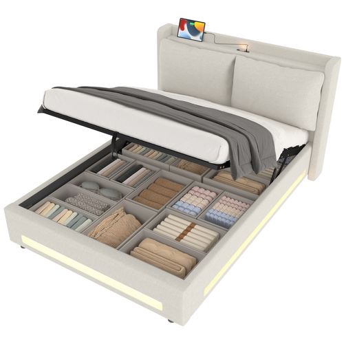 Lit Adulte 140×200cm LED-usb Tête De Lit épaisse Relevage Hydraulique Velours Beige