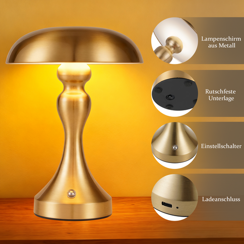 Lampe de Chevet Sans Fil - Lampe Tactile En Bronze Doré Avec Batterie Rechargeable USB