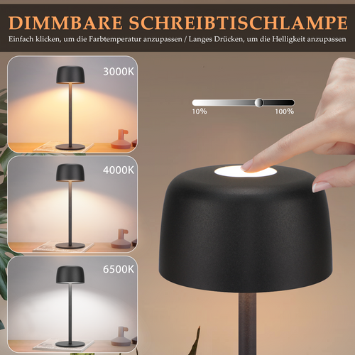 Lampe à Poser LED Sans Fil Tactile Noire Lampe de Chevet Intensité Et 3 Températures Réglables
