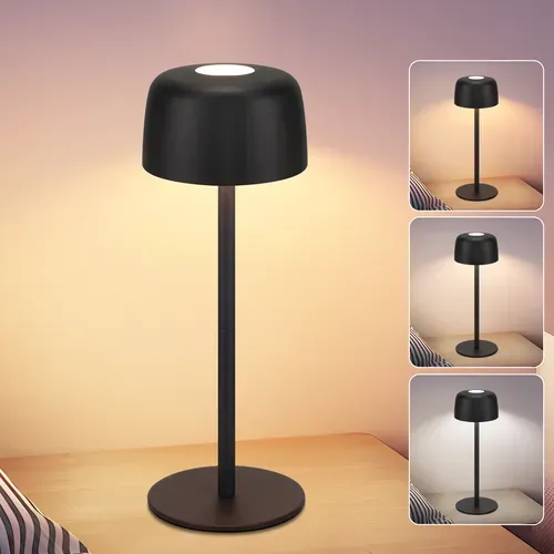 Lampe à Poser LED Sans Fil Tactile Noire Lampe de Chevet Intensité Et 3 Températures Réglables