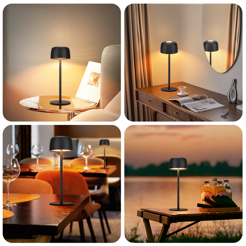 Lampe à Poser LED Sans Fil Tactile Noire Lampe de Chevet Intensité Et 3 Températures Réglables