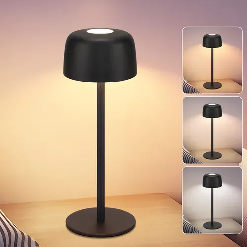 Lampe à Poser LED Sans Fil Tactile Noire Lampe de Chevet Intensité Et 3 Températures Réglables