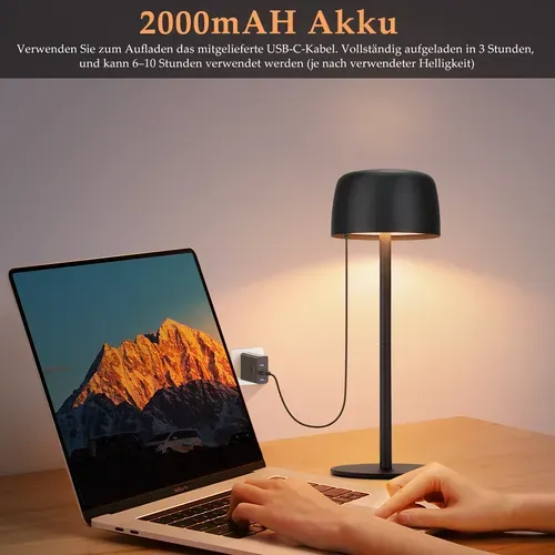 Lampe à Poser LED Sans Fil Tactile Noire Lampe de Chevet Intensité Et 3 Températures Réglables