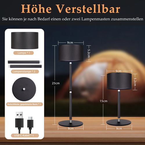 Lot De 2 Lampes De Table LED Sans Fil Lampe Intensité Variable Avec 3 Températures De Couleur Noire