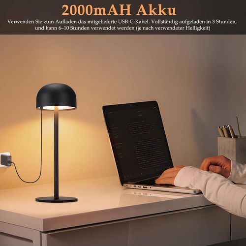 Lampe De Table LED Sans Fil Lampe Intensité Variable Avec 3 Températures De Couleur, Noire