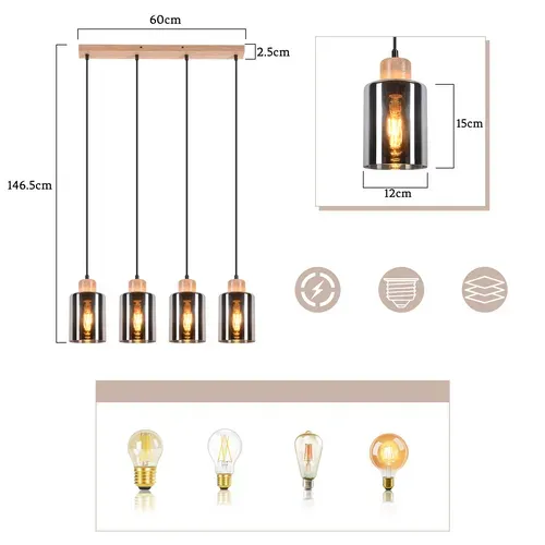 Suspension En Bois Pour Table à Manger Vintage 4 Flammes E27 Lampe De Salle à Manger Industrielle