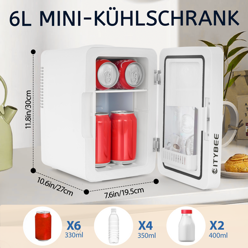 Mini Frigo 6l - Blanc Petit Réfrigérateur 12v/230v, Silencieux Avec Miroir Et Éclairage LED