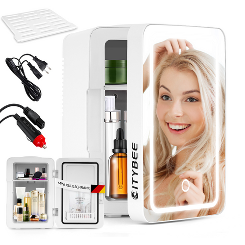 Mini Frigo 6l - Blanc Petit Réfrigérateur 12v/230v, Silencieux Avec Miroir Et Éclairage LED