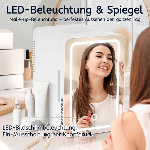 Mini Frigo 6l - Blanc Petit Réfrigérateur 12v/230v, Silencieux Avec Miroir Et Éclairage LED