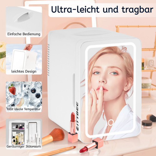 Mini Frigo 6l - Blanc Petit Réfrigérateur 12v/230v, Silencieux Avec Miroir Et Éclairage LED