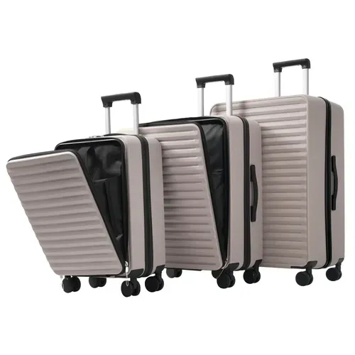 Set De Valises 3 Pièces Abs Poignée Télescopique Conception Ouverture Frontale Porte Boissons Brun