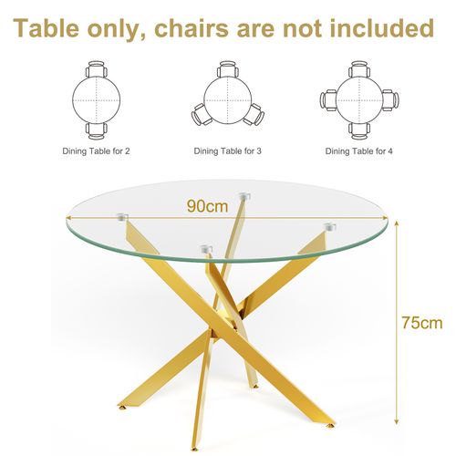 Table à Manger En Verre Ronde 4 Personnes 90×90×75cm Pieds Métal Salon Cuisine Salle à Manger Doré