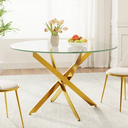 Table à Manger En Verre Ronde 4 Personnes 90×90×75cm Pieds Métal Salon Cuisine Salle à Manger Doré