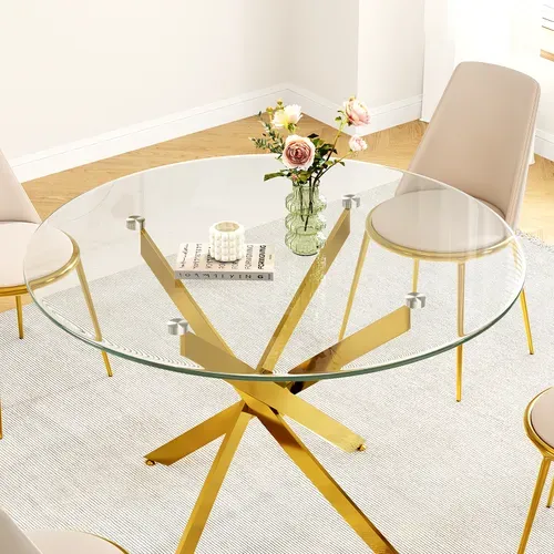 Table à Manger En Verre Ronde 4 Personnes 90×90×75cm Pieds Métal Salon Cuisine Salle à Manger Doré