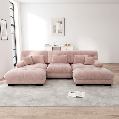 Canapé Modulaire 3 Places En U,tissu En Chenille Rembourré,repose-pieds Amovibles,rose