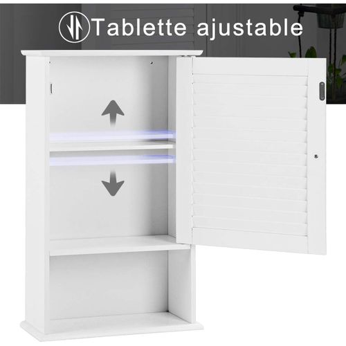 Armoire Murale Pour Salle De Bain Avec Étagère Réglable Avec 1 Porte Persienne Et 1 Étagère Ouverte