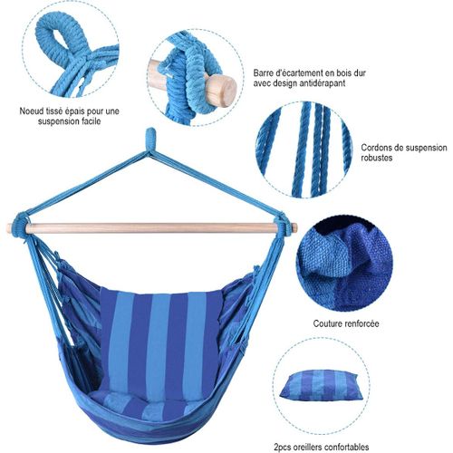 Fauteuil Hamac Suspendu Chaise Suspendue Avec 2 Coussins Charge Max 120kg Bleu