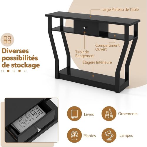 Table Console En Mdf Avec Un Tiroir Et 3 Compartiments Pour Rangemen,entrée 120x30x81cm Noir