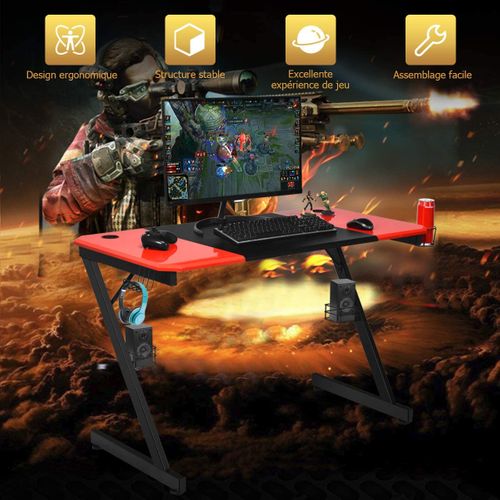 Bureau Gaming 120 X 60 X 76cm Porte-gobelet, Crochet Pour Ecouteurs Et Supports Audio Noir Et Rouge