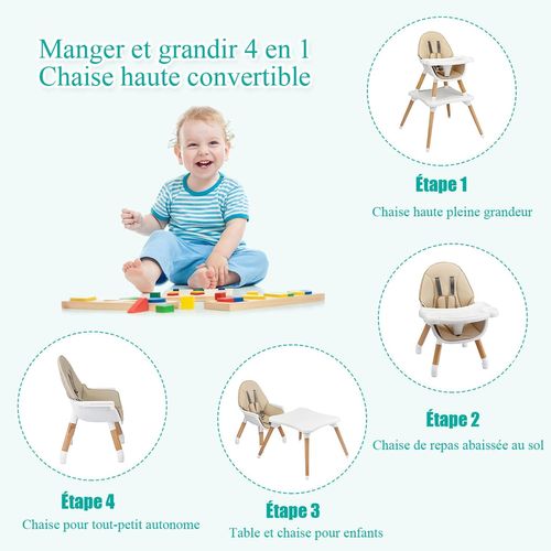 4 En 1 Chaise Haute Bébé Convertible Plateau Réglable Avec Coussin Amovible Pour 6 Mois-3ans (kaki)