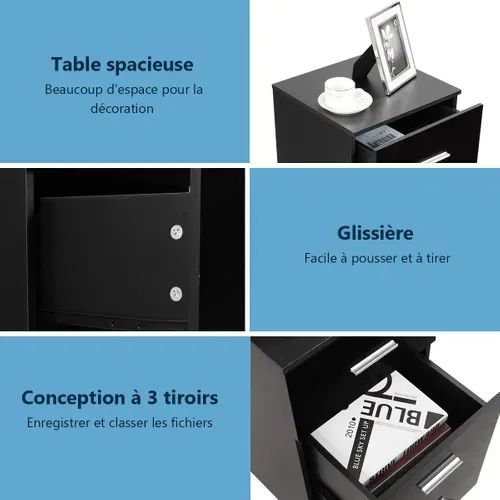 Lot De 2 Caisson De Bureau Meuble De Rangement Avec 3 Tiroirs Pour Lettre,dossiers Et Documents Noir