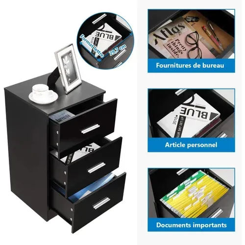 Lot De 2 Caisson De Bureau Meuble De Rangement Avec 3 Tiroirs Pour Lettre,dossiers Et Documents Noir