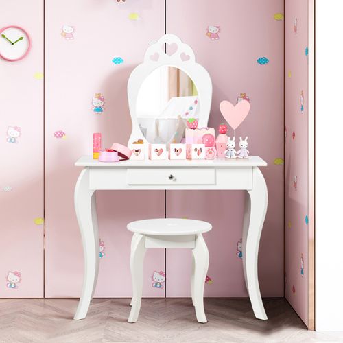 Coiffeuse Pour Enfant Avec Miroir, Inclus Tabouret, Dessus Amovible, 70 X 34 X 105 Cm, Blanc