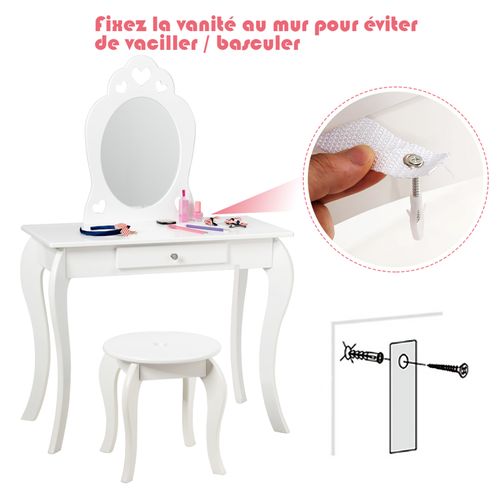 Coiffeuse Pour Enfant Avec Miroir, Inclus Tabouret, Dessus Amovible, 70 X 34 X 105 Cm, Blanc