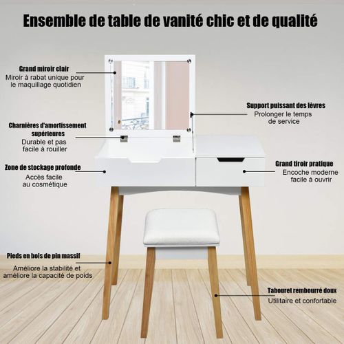 Coiffeuse, Table De Maquillage Avec 1 Miroir Carré Rabattable,1 Tabouret Capitonné,1 Tiroir