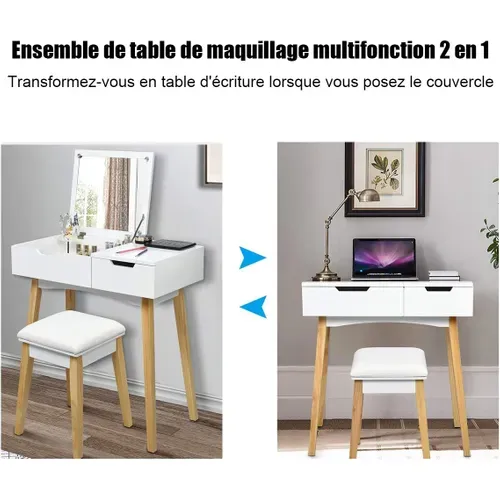 Coiffeuse, Table De Maquillage Avec 1 Miroir Carré Rabattable,1 Tabouret Capitonné,1 Tiroir