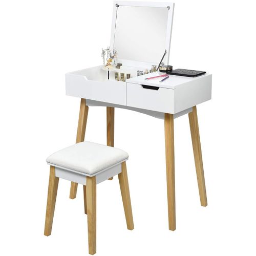 Coiffeuse, Table De Maquillage Avec 1 Miroir Carré Rabattable,1 Tabouret Capitonné,1 Tiroir