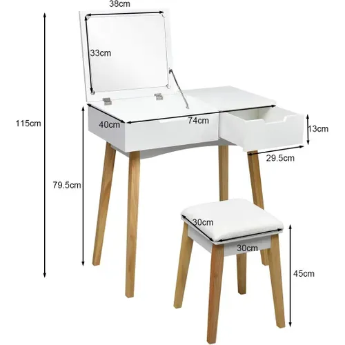 Coiffeuse, Table De Maquillage Avec 1 Miroir Carré Rabattable,1 Tabouret Capitonné,1 Tiroir