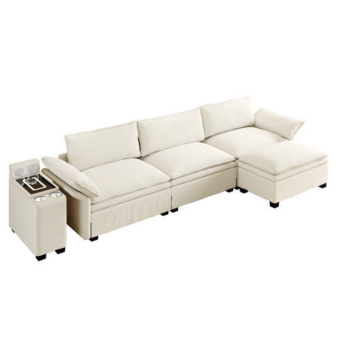 Canapé fixe 4 places avec console, charge sans fil et haut-parleurs beige