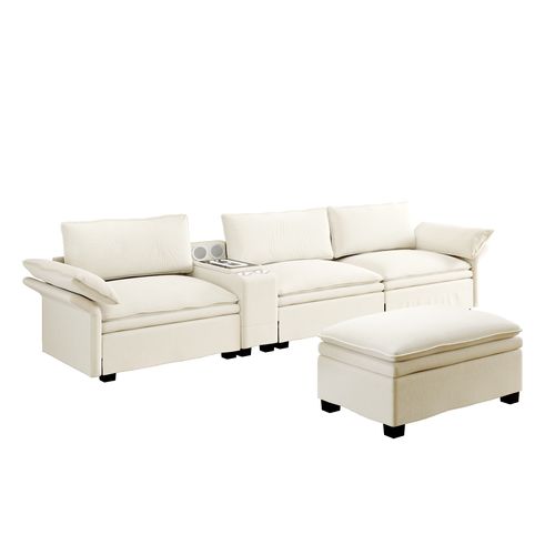 Canapé fixe 4 places avec console, charge sans fil et haut-parleurs beige
