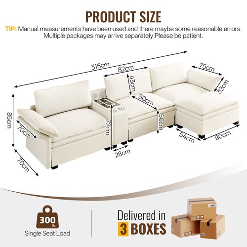 Canapé fixe 4 places avec console, charge sans fil et haut-parleurs beige