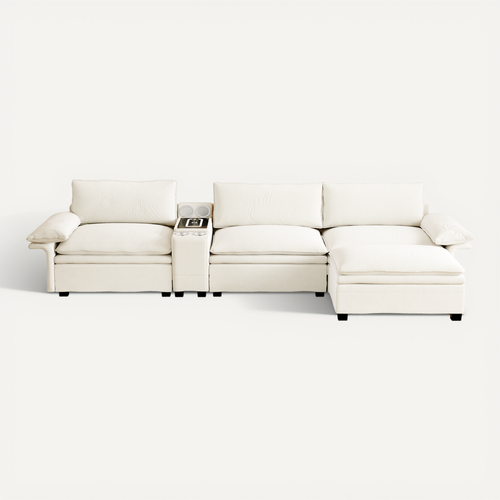 Canapé fixe 4 places avec console, charge sans fil et haut-parleurs beige