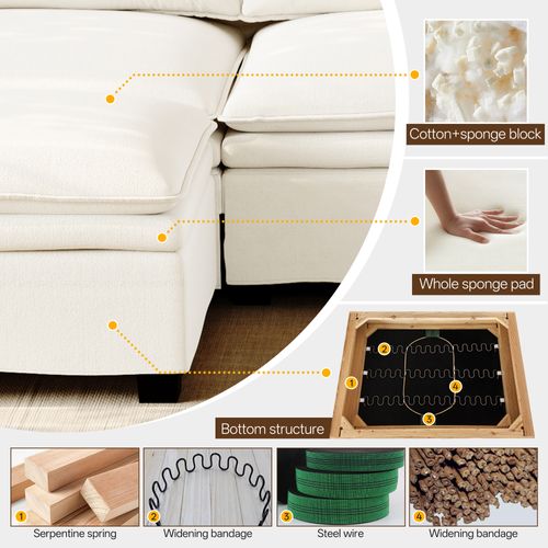 Canapé fixe 4 places avec console, charge sans fil et haut-parleurs beige