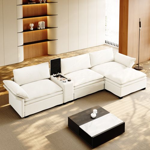 Canapé fixe 4 places avec console, charge sans fil et haut-parleurs beige