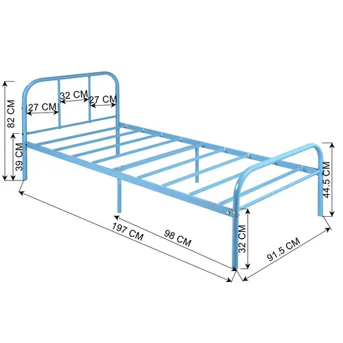 Lit enfant 90x190 cm en métal bleu, cadre solide avec sommier à lattes