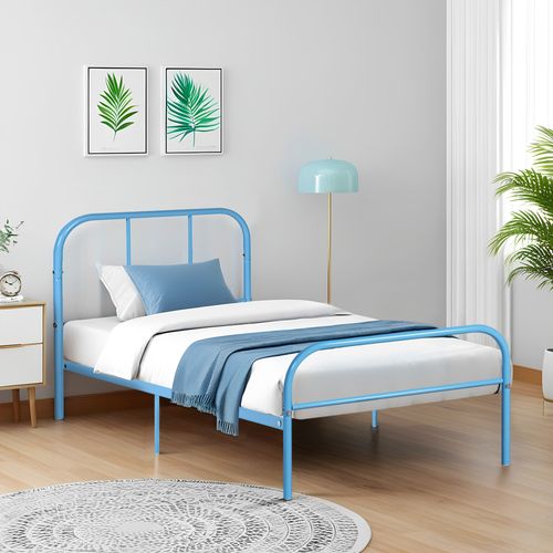 Lit enfant 90x190 cm en métal bleu, cadre solide avec sommier à lattes